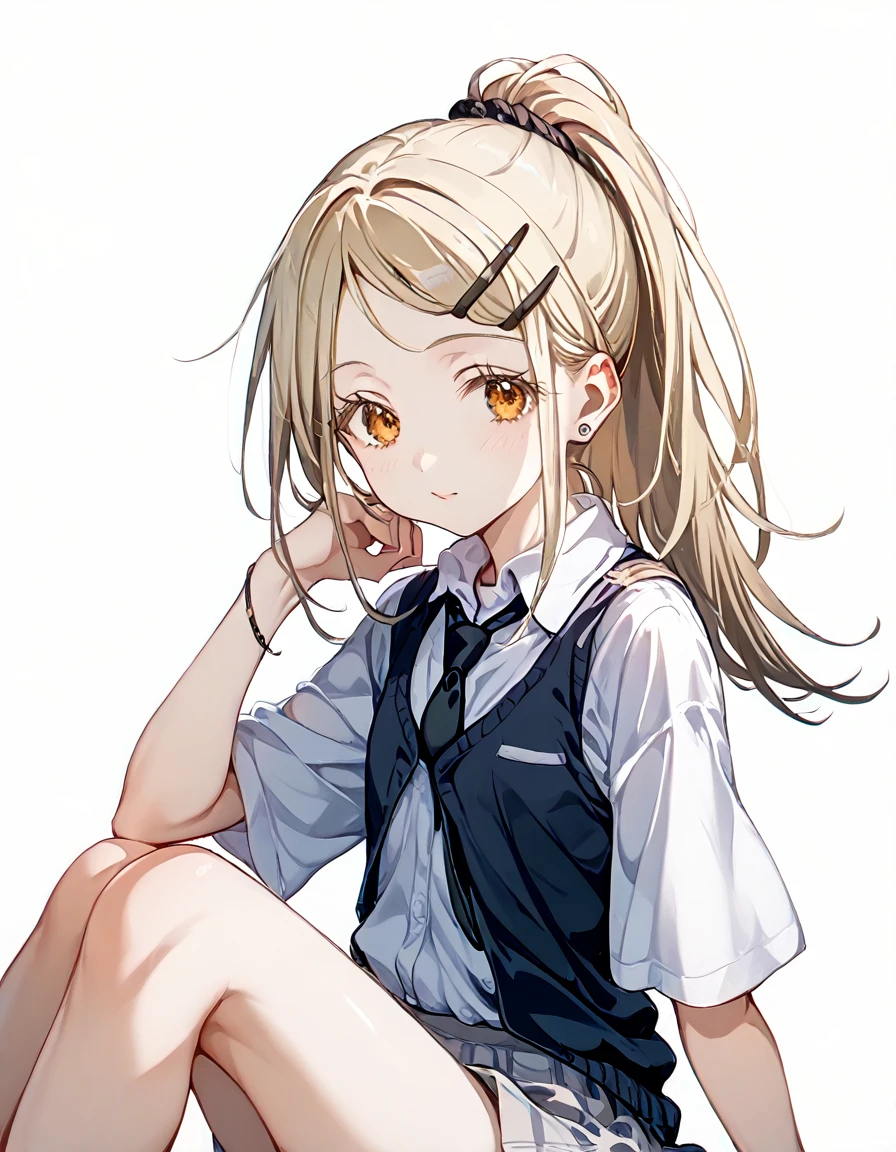 shinosawa hiro,slender,amber eyes,white eyelash,blonde hair,long hair,hairclip,white background,flat chest,necktie,black vest,ponytail,sitting,black necktie