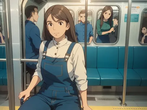 a subway car with people sitting on chairs, in which a woman with long brown hair works on a bicycle and wears denim overalls wi...