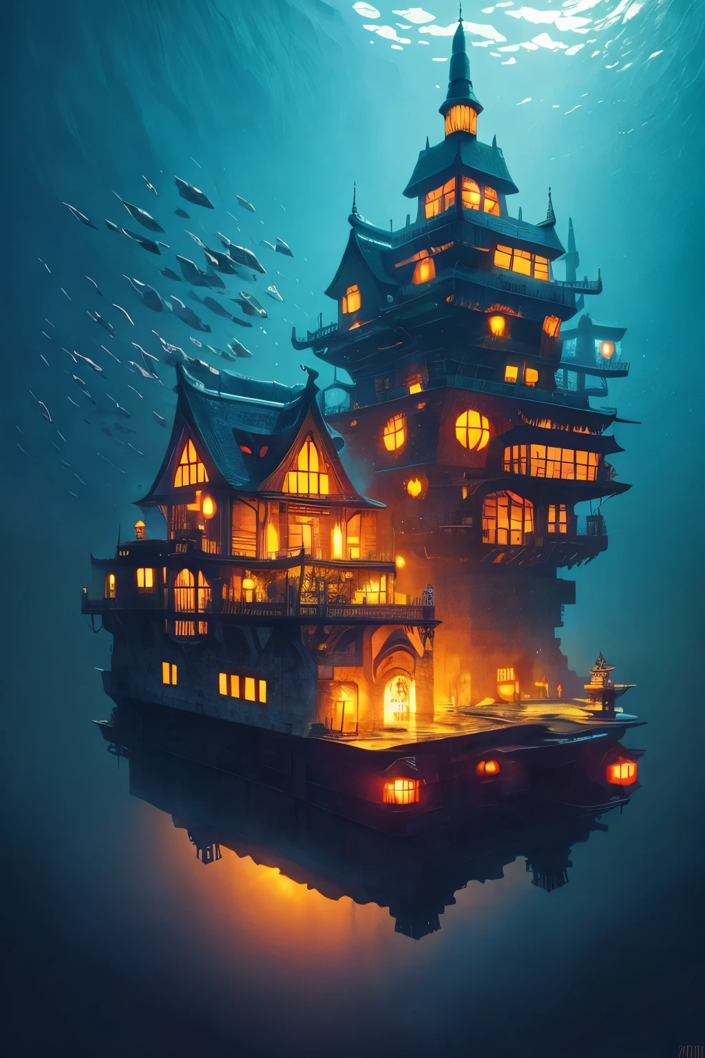 Color (Fantasy: 1.2), (Hayao Miyazaki style), (irregular building floating in the sea), patchwork cottages, flower decorations, lights, concept art inspired by Andreas Rocha, Artstation contest winner, Fantasy art, (underwater city), ross tran, light shafts, realistic lighting, masterpiece, high quality, beautiful graphics, high detail, masterpiece, high quality, beautiful graphics, high detail, 