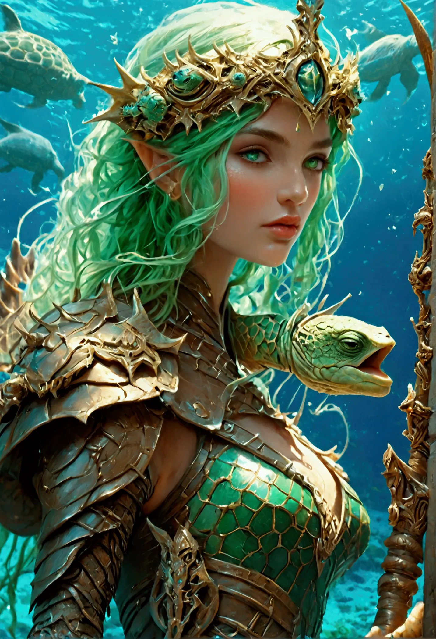 fantasy art, rpg art, a picture of a sea elf ranger with her sea turtle mount under the sea, an exquisite beautiful female elf u...