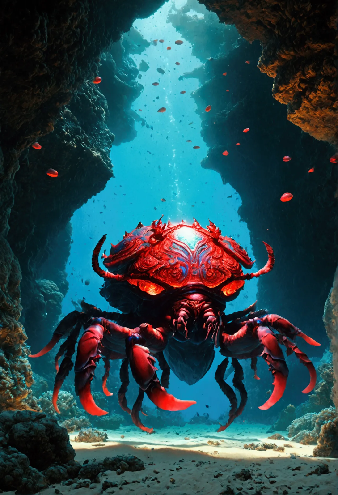 a giant sea scarab under the sea with red runes on it, glowing runes, protecting a cave opening there are treasures in the cave,...