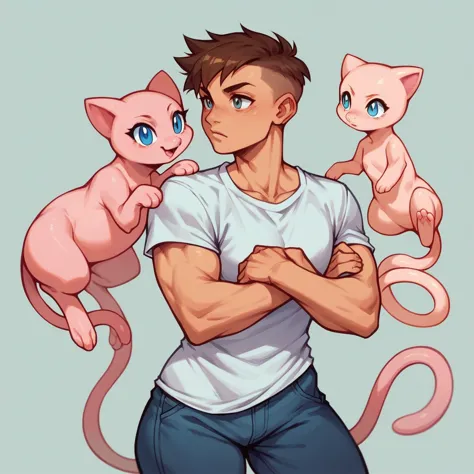 human male 23 years, brown pixie cut side hair style  , blue pupils , white t-shirt , mew  pokemon on the side ,street fighter s...