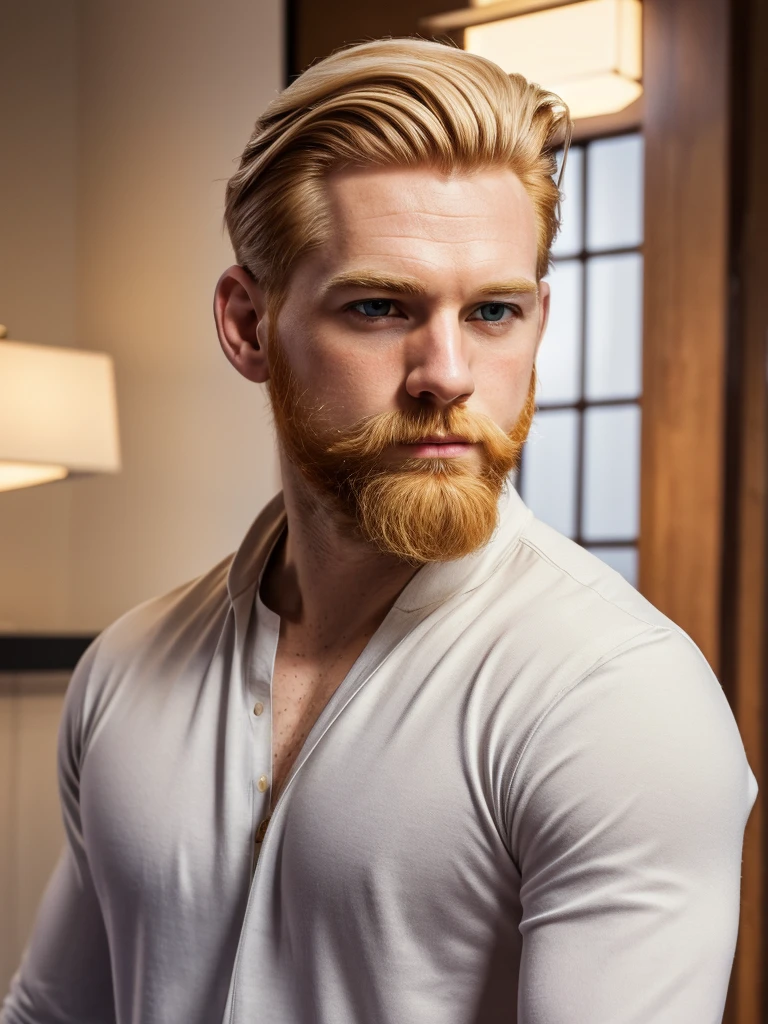 1 man, handsome, lithe, pale skin, hazel eyes, stylish blonde hair, casual outfit, narrow nose, full lips, 1, ginger beard, smooth skin, sharp jawline, best quality, 8k, highres, masterpiece, ultra-detailed, realistic, photorealistic, studio lighting, extreme detail description, professional, vivid colors, portrait