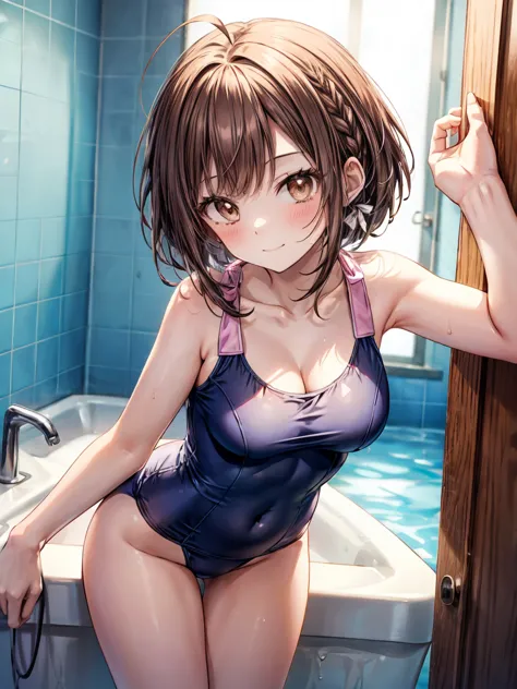 an anime anime cartoon lady in a swimsuit posing near bathtub, 1girl, breasts, solo, brown hair, swimsuit, cleavage, smile, ahog...