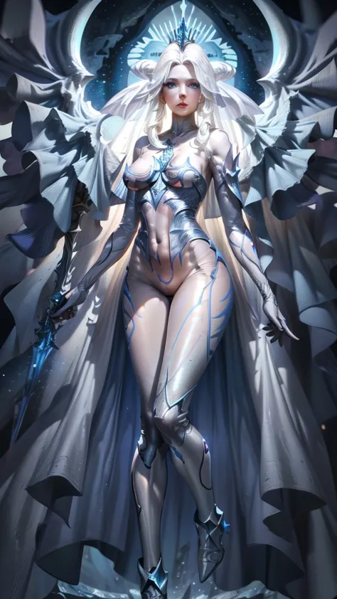 hydaelyn_tpa, 1girl, veil, white bodysuit, cape, parted lips, crown, starry background, blue eyes, space, legs apart, cinematic ...