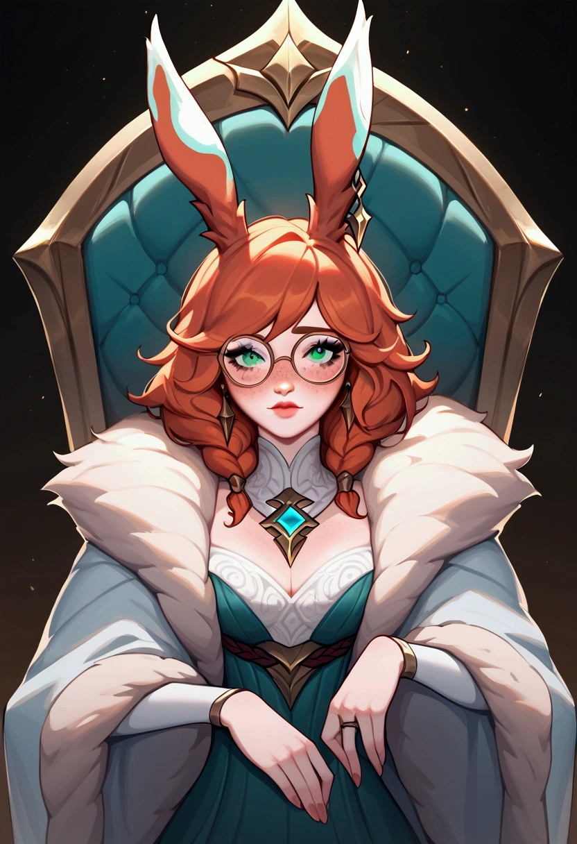 score_9, score_8_up, score_7_up, Aurora (league of legends), 1 girl, bright green eyes, white hair, bunny ears, round glasses, freckles, sexy, full body, ruined queen (league of legends), squinty eyes, earrings, long eyelashes, sexy, big bust, beautiful face, sitting on a throne of shadows