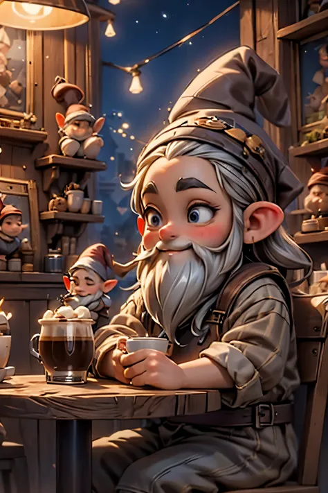 best quality, masterpiece, gnomes drinking coffee at a coffe shop, night coffee shop,