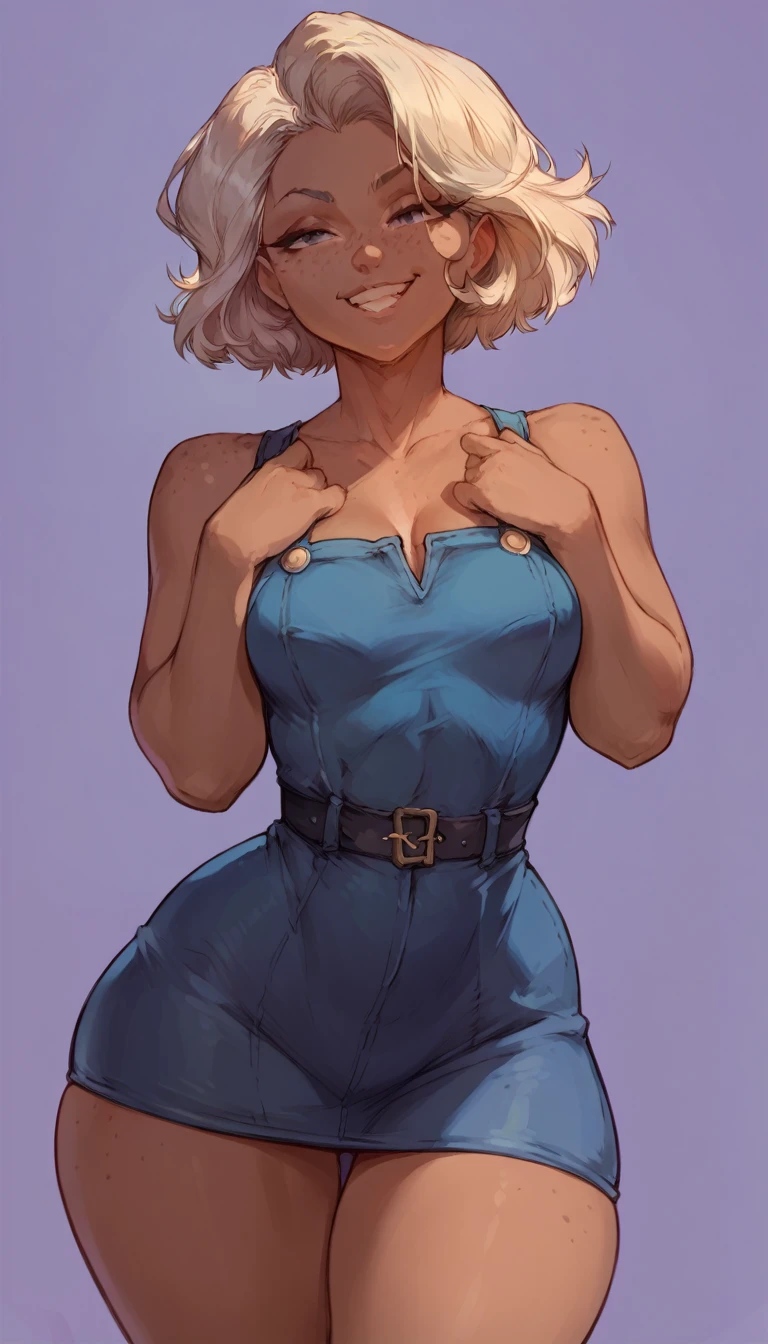 (solo) female , black short hair, woman, attractive ,blue jean dress , thicc, freckles, freckles on face, smug eyes, (happy expression), she is standing look to the viewer , violet background, simple background, thick thighs  (front view)  (dark skin)