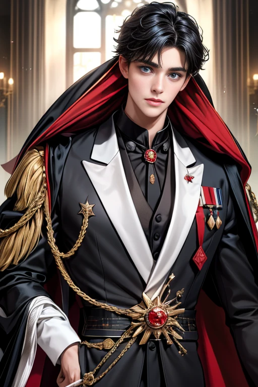 masterpiece, 最high quality, high quality, 1 boy, alone, Male focus, Upper Body,Watching the audience, Messy black hair, Adorable big blue eyes, White, Noble, Noble,A black and red cape that is bursting with sexy volume、Tuxedo、A very voluminous, large, very large, very large, long, long red and black cape with a high stand-up collar, made of a lot of fabric that reaches down to the floor., ,cute beautiful,Cute, cute, kind, handsome guy