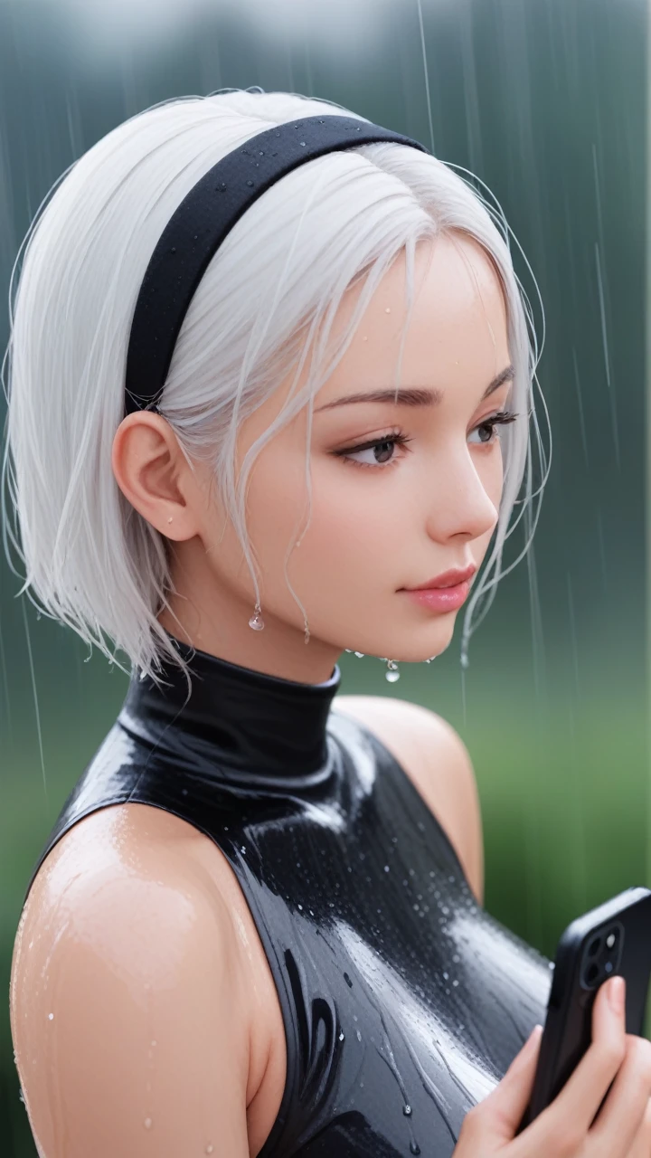 score_9, score_8_up, score_7_up, 1girl, solo, breasts, short hair, dress, bare shoulders, medium breasts, closed mouth, upper body, white hair, hairband, sleeveless, mole, blurry, black dress, lips, wet, depth of field, blurry background, turtleneck, phone, cellphone, black hairband, wet clothes, mole under mouth, facing viewer, smartphone, rain, water drop, wet hair, 