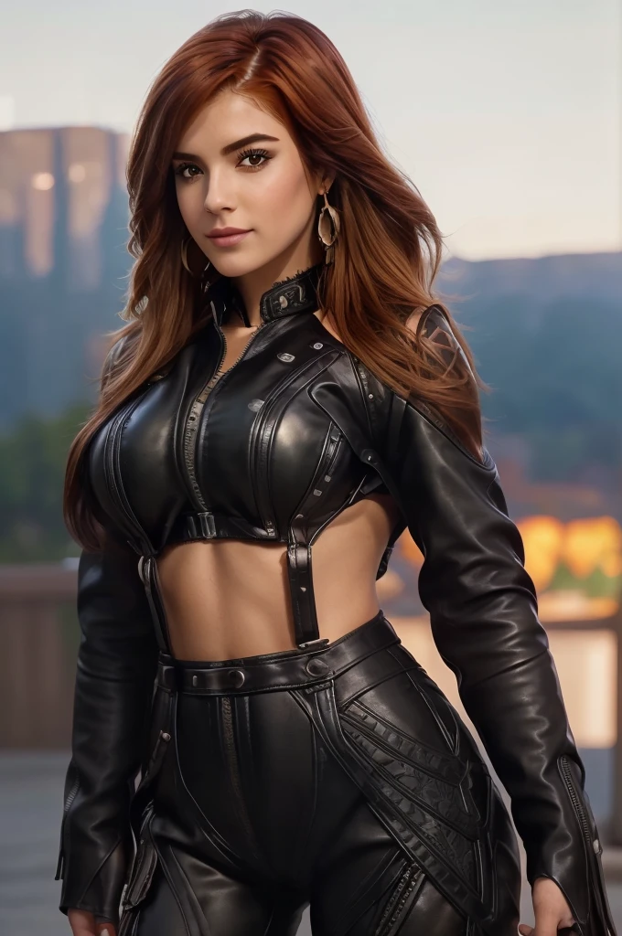 Realistic  redhead girl, medium-big bust, in selfie mode for Instagram, She is wearing a black leather motorcycle jacket and leather trousers, Snapchat influencer Full photo standing and happy in the nature, Thick Thighs, Mexico city, Mavuika from Genshin Impact, full-leight photo, (ultra-high detail:1.2), Masterpiece, Best Quality, Ultra-detailed, Cinematic lighting, 8K, delicate features, cinematic, 35 mm lens, f/1.9, highlight lighting, global lighting –uplight –v 4, cinematic, intense gaze, Cinematic lighting, 8K, high quality, Highest Quality, (Solo Focus), (extremly intricate:1.3), (Realistic), dramatic, masterful, Analog style, (Film grain:1.5), (warm hue, cold tone)