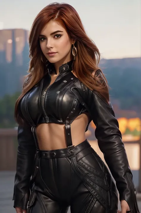 realistic  redhead girl, medium-big bust, in selfie mode for instagram, she is wearing a black leather motorcycle jacket and lea...