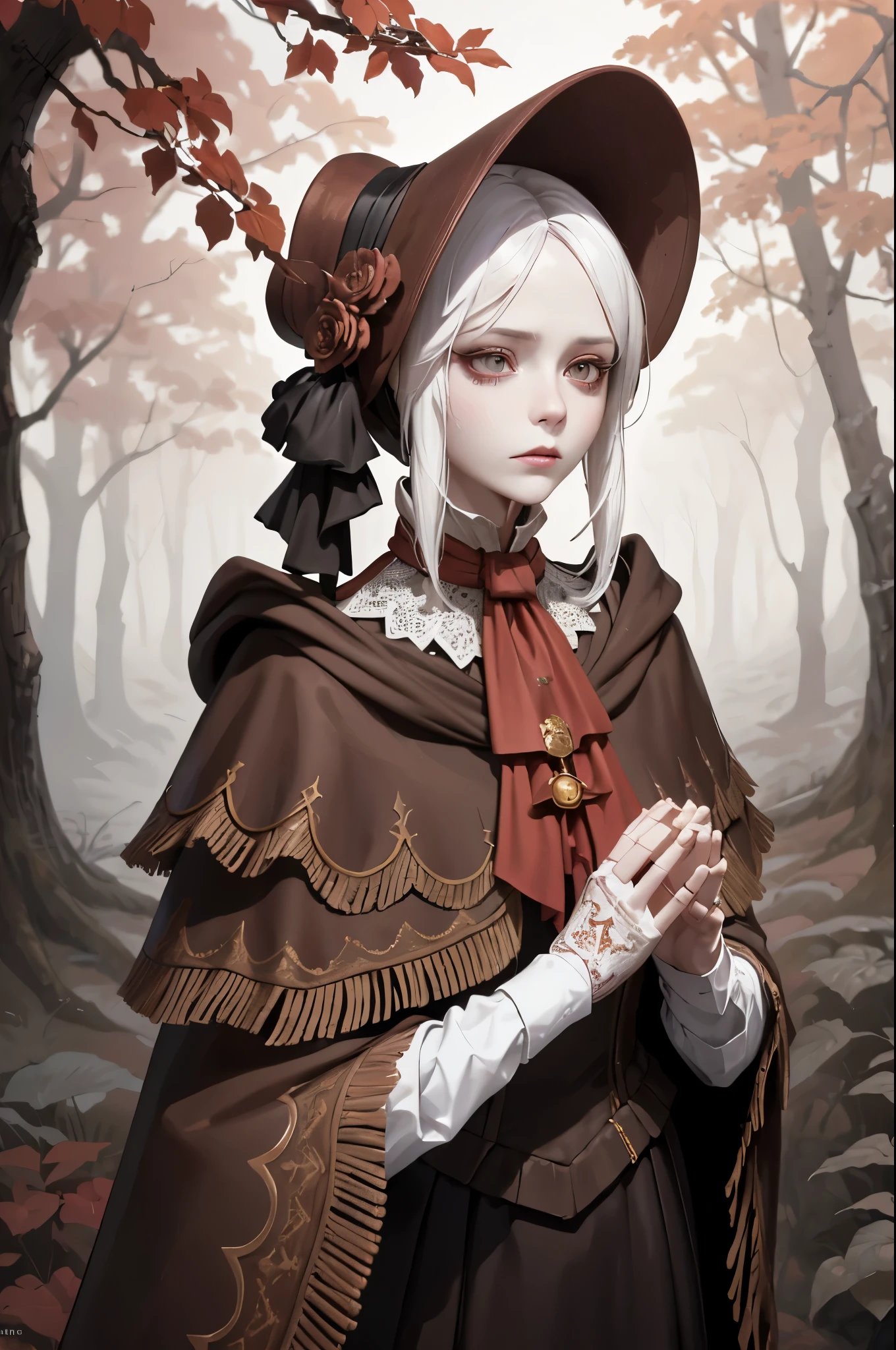 masterpiece, best quality, plaindoll, white hair, doll joints, bonnet, brown cloak, long dress, red ascot, autumn, forest, fog, dead trees, looking at viewer, cowboy shot, own hands together, emotionless, muted color, desaturated 