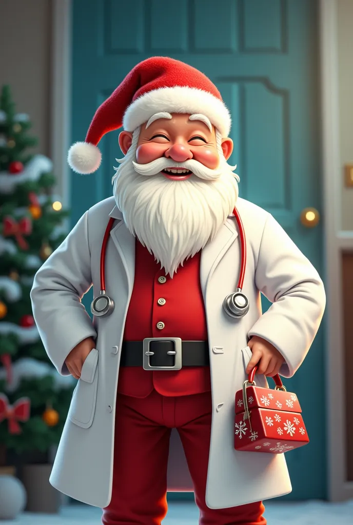 Santa Claus dressed as a doctor with his Christmas hat