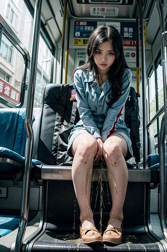 女性バスガイドがPee leak、He put his foot on the bus ramp and lost control、Pee leak、peeing herself、A lot of pee、From below、Gaze at the audience、uniform、holding a flag in one hand、Perfect figure、Very beautiful、Japanese women、Black Hair、The bus guide is surrounded by passengers