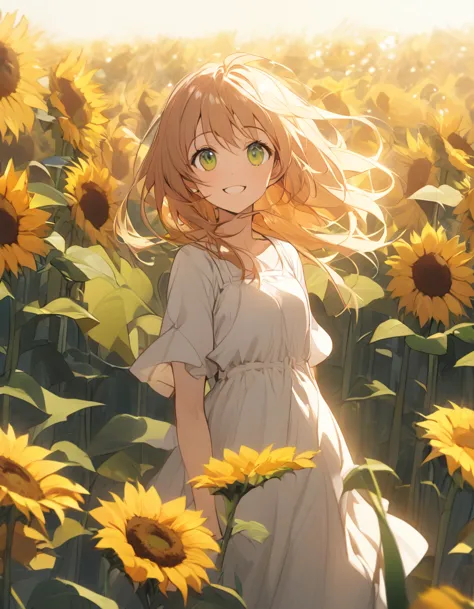 a young girl standing in a field of sunflowers under the bright sun. her hair sways gently in the wind as she looks up at the sk...