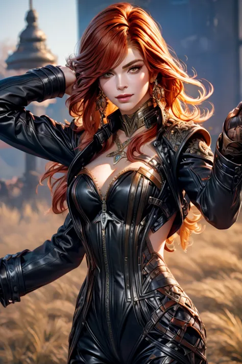 realistic  redhead girl, medium-big bust, in selfie mode for instagram, she is wearing a black leather motorcycle jacket and lea...