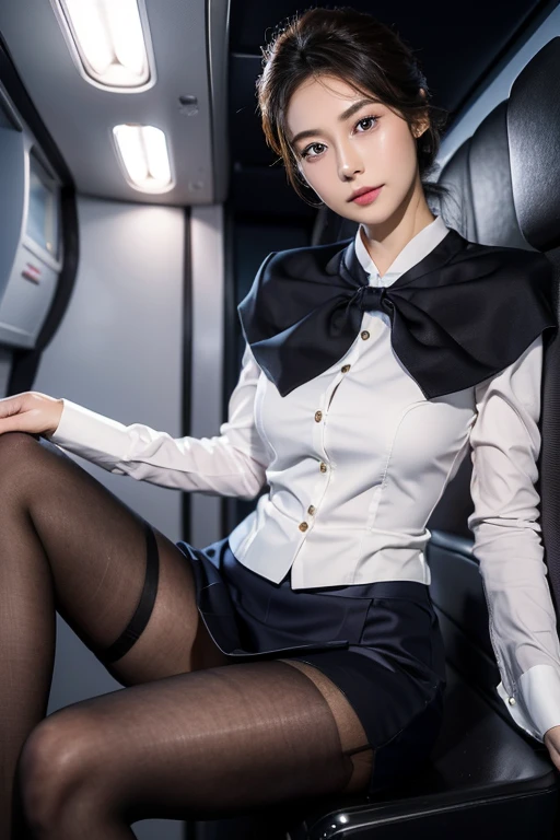 Beautiful woman dressed as a flight attendant、1 girl、Delicate face、Detailed eyes and face、double eyelid、Glossy Lips、Dark brown updo、Flight attendant cosplay、Highly detailed costume、(Black Pantyhose、High heels)、Mature adult woman、A glamorous and luxurious woman、8k,Highest quality, masterpiece、Ultra-high resolution、Full body portrait, High definition face and skin texture、sharp long legs、In-flight