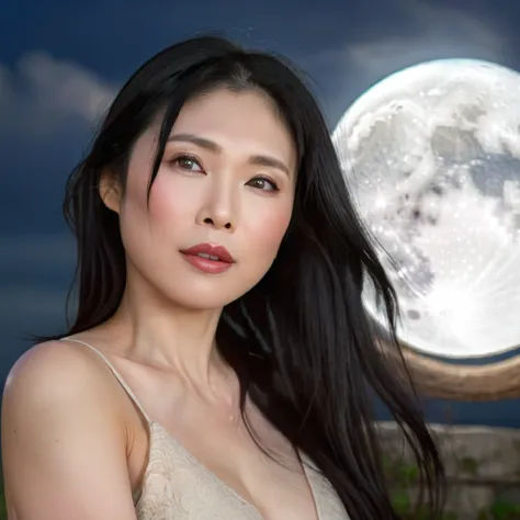 a beautiful middle-aged asian woman, long black hair, detailed face, detailed eyes, detailed lips, serene expression, moon in th...