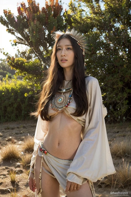 (Granular:0.5), Movie, Dramatic scene，girl,Native Americans,Huge metal shield,(Indian headdress:1.3), Delicate eyes, Delicate face, detailed  Native Americans clothing , Intricate patterns，Complex accessories，Perfect body，Huge breasts，((Beautiful long legs:1.2))，Volumetric Lighting, dusk, Very detailed background, Standing by a huge bonfire, from the side