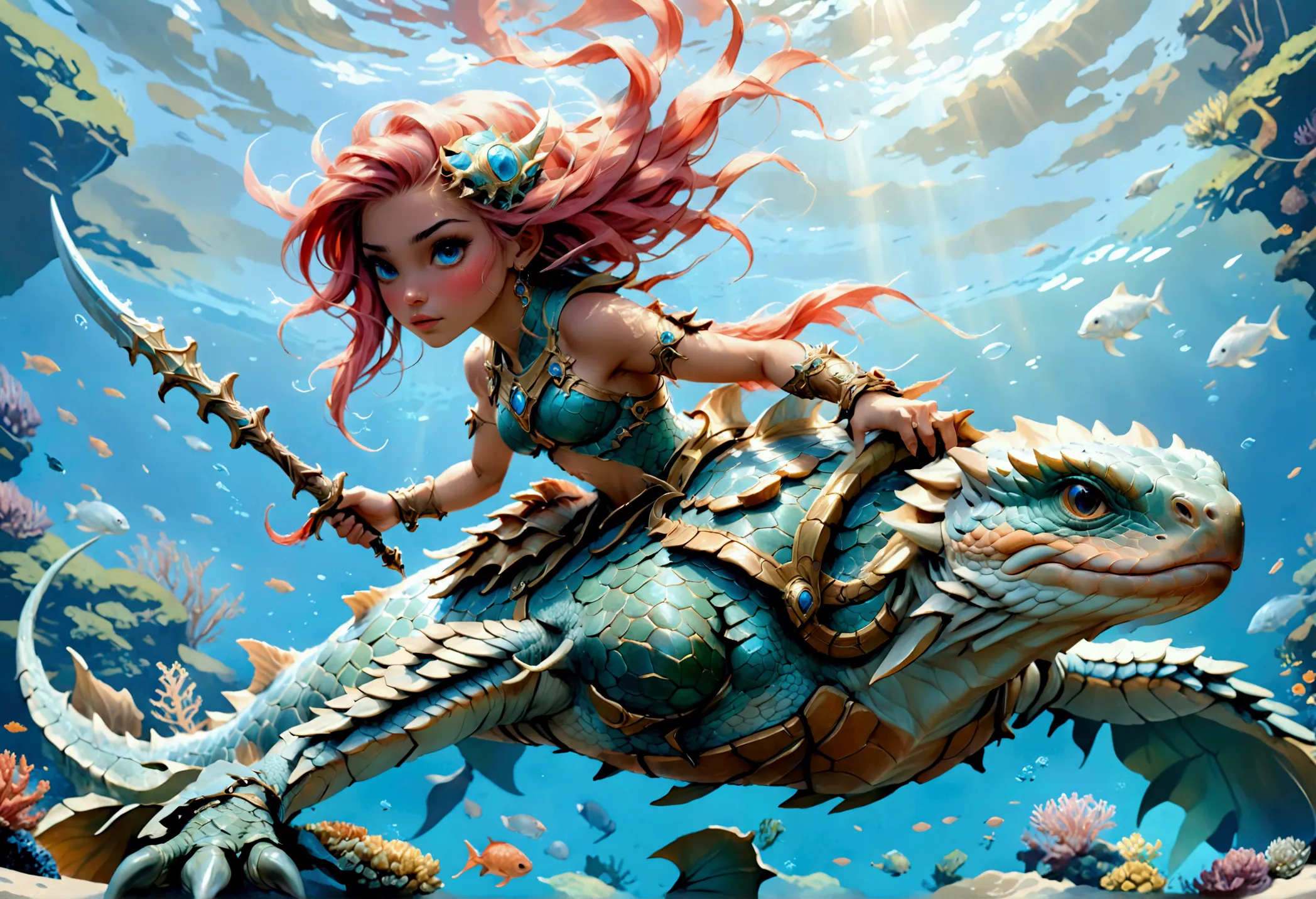 fantasy comic art, rpg art, a picture of a sea elf ranger riding her sea turtle mount under the sea, an exquisite beautiful fema...