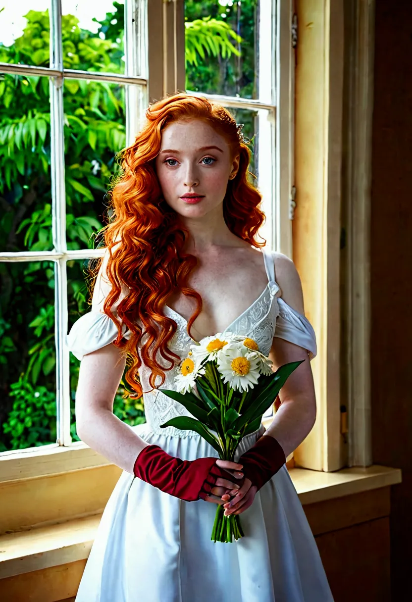 woman in white dress holding a flower in front of a window, amouranth, redhead girl, with curly red hair, red haired goddess, wi...