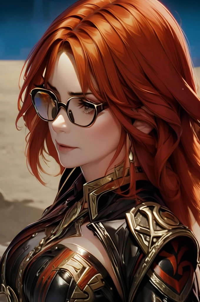 A adult girl in realistic portrait of high quality and detail, redhead girl, medium breast, movie style, She is wearing a black leather motorcycle jacket, leather trousers and red rectangular glasses, She's standing in the street. Mexico city on background, Mavuika from Genshin Impact, fine face, dark fantasy, ashes fall from the sky, flame aura from her, dark and mysterious atmosphere, looking at viewer, (ultra-high detail:1.2), Masterpiece, Best Quality, Ultra-detailed, Cinematic lighting, 8K, delicate features, cinematic, 35 mm lens, f/1.9, highlight lighting, global lighting –uplight –v 4, cinematic, intense gaze, Cinematic lighting, 8K, high quality, Highest Quality, (Solo Focus), (extremly intricate:1.3), (Realistic), dramatic, masterful, Analog style, (Film grain:1.5), (warm hue, cold tone), a close up of a person surrounded, destruction behind back