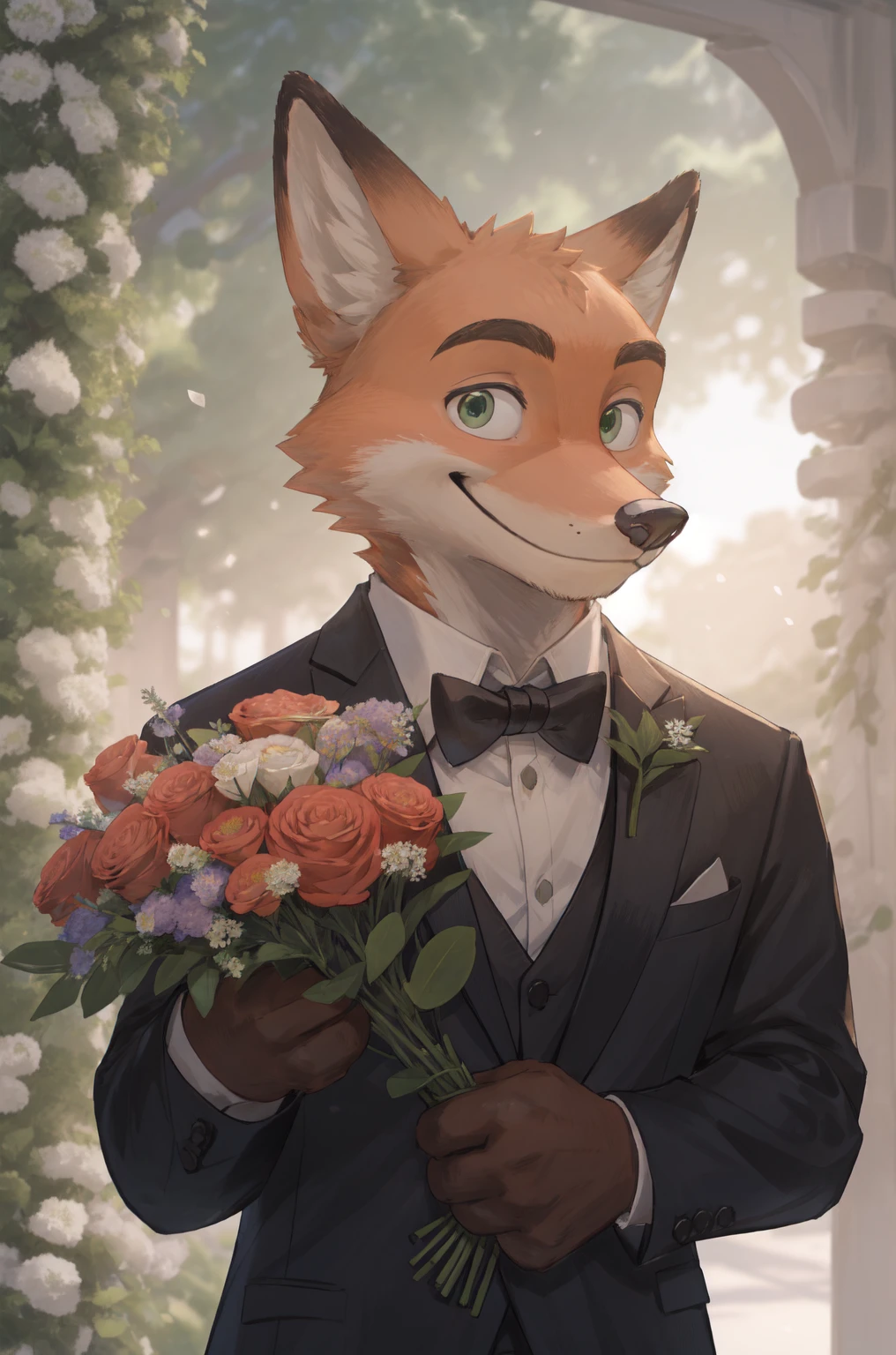 Nick, male, fox, handsome, green eyes, wearing a black tuxedo suit, holding a bouquet of flowers, happy, hd 8k