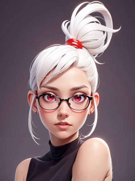 score_9, score_8_up, score_7_up, expressiveh, solo female, short white hair ponytail, glasses, beautiful dark-red eyes, 30yo, no...