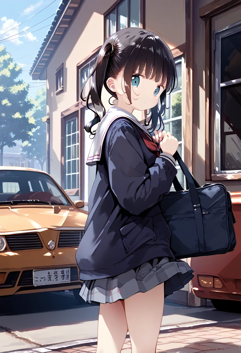 score_9, score_8_up, score_7_up, 1girl, MotiyukiP, (masterpiece), (best quality), (ultra detailed),(illustration),(disheveled hair),(illustration), 1girl, standing, roki_hirokix style, house, school uniform, school bag, twintails, car, carrying bag