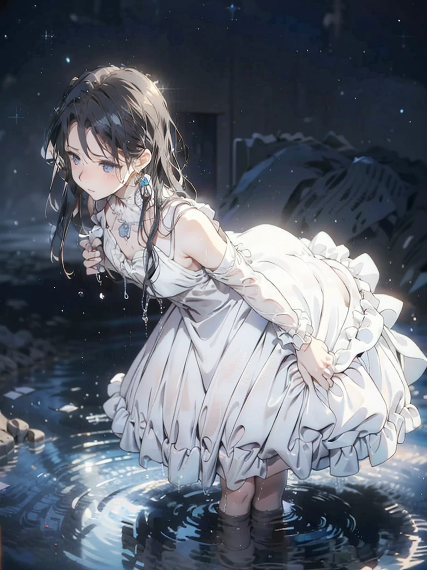 ((masterpiece, Highest quality, Very detailed)), full body standing, Standing in the lake at night, Starry Sky, Particles of light, Beautiful Anime Girl, (Looking up at the sky./looking sad.), Medium chest, Black long Hair, wearing a wet white dress, fully clothed, Moist eyes, gorgeous necklace and many accessories, Piercings or earrings, princess tiara, Wet, Soaking wet, Lens flare, Glitter, (violet evergarden), 