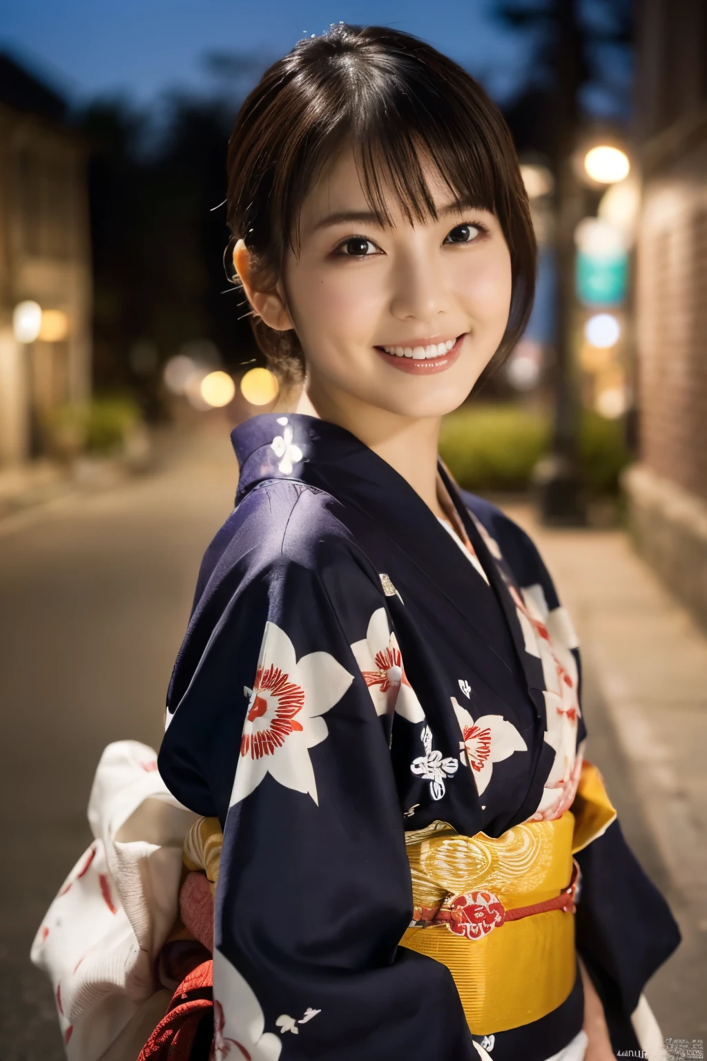 1 girl, (She wears a cute yukata:1.2), Very beautiful Japanese idol portraits, 
(RAW Photos, Highest quality), (Realistic, Realistic:1.4), (masterpiece), 
Very delicate and beautiful, Very detailed, 2k wallpaper, wonderful, finely, Very detailed CG Unity 8K wallpaper, Very detailed, High resolution, Soft Light, 
Beautiful detailed girl, Very detailed目と顔, Beautiful and sophisticated nose, Beautiful and beautiful eyes, Cinema Lighting, 
(Fashion magazine photography:1.3), (Outdoor), (Night view of an old French town), 
(short hair), 
Complete Anatomy, Slender body, Small breasts, smile