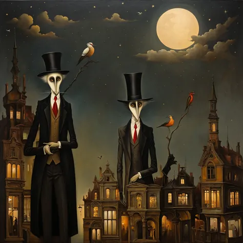 oil painting stylized as leonora carrington, michael parkes, esao andrews and dave mckean, two individuals stand side by side, b...