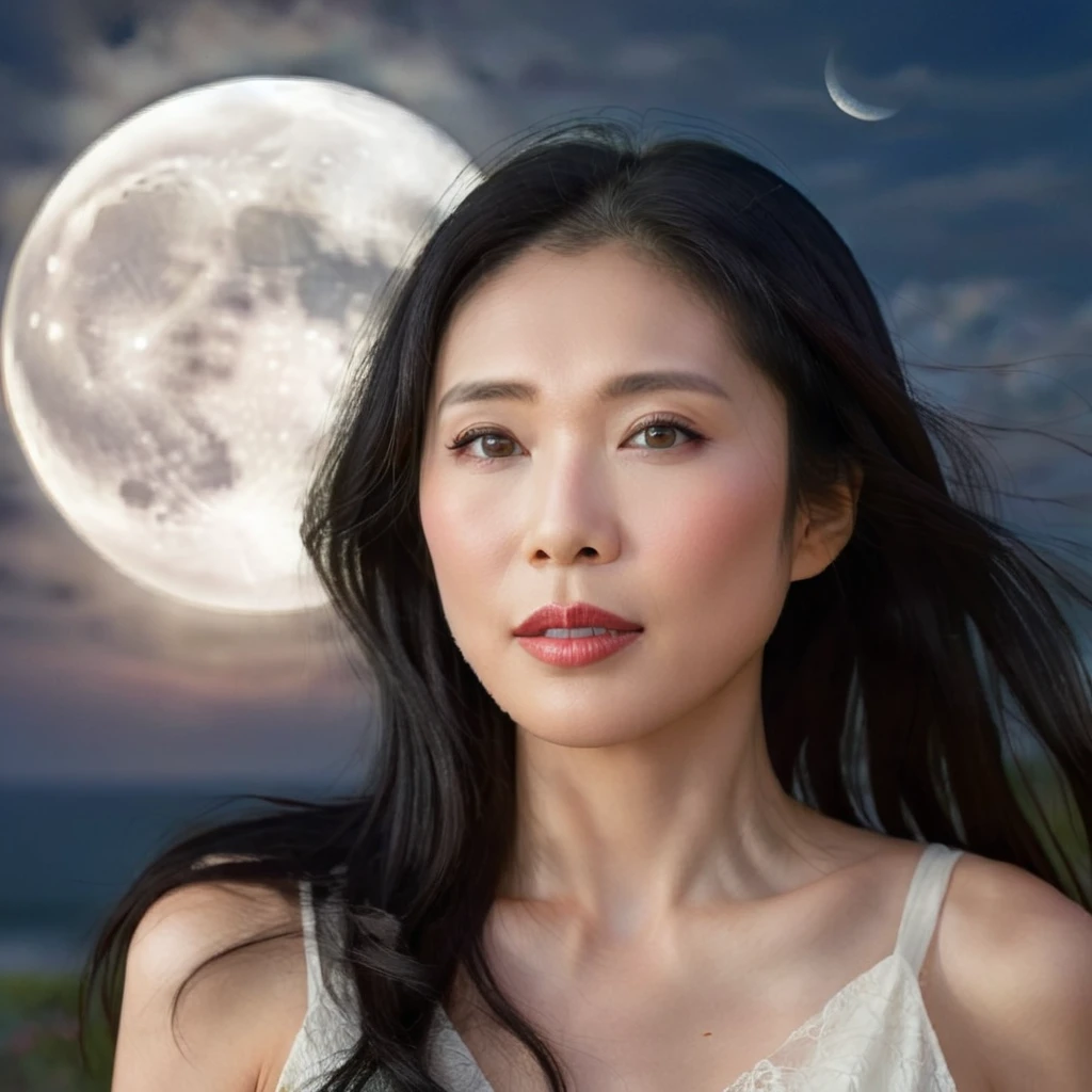 a beautiful middle-aged asian woman, long black hair, detailed face, detailed eyes, detailed lips, serene expression, moon in the background, ethereal, fantasy, oil painting, dramatic lighting, dramatic mood, vivid colors, cinematic, award-winning, masterpiece, best quality, 8k, highres