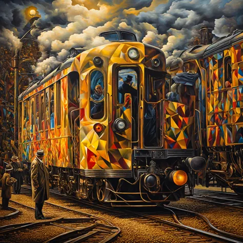 a man seeing off a train, oil painting, surrealism, intricate details, (best quality,4k,8k,highres,masterpiece:1.2),ultra-detail...