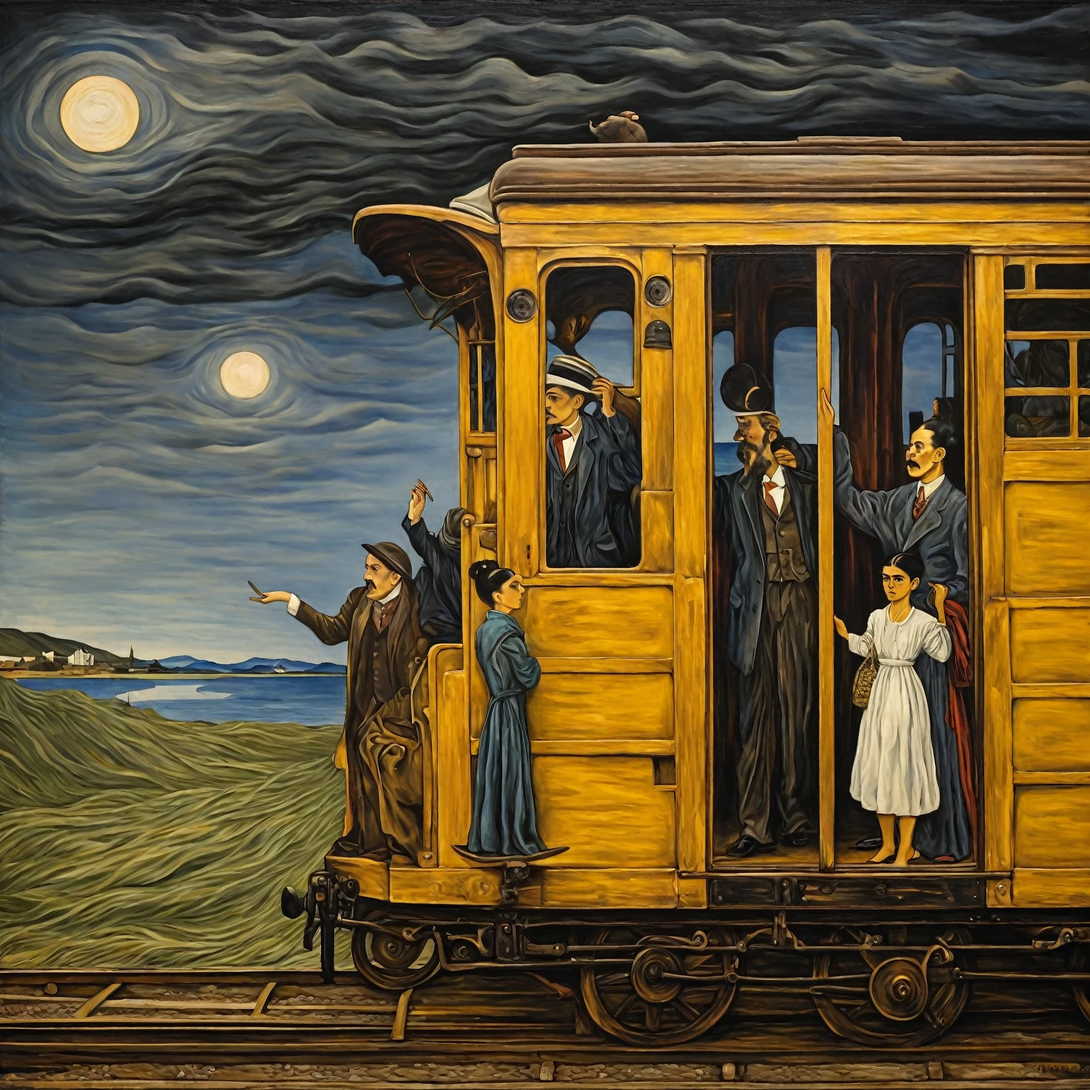 In the style of Piet Mondrian, Leonardo da Vinci, Edvard Munch, Katsushiki Hokusai, Frida Kahlo, oil painting, man seeing off a train. surrealism. intricate details.