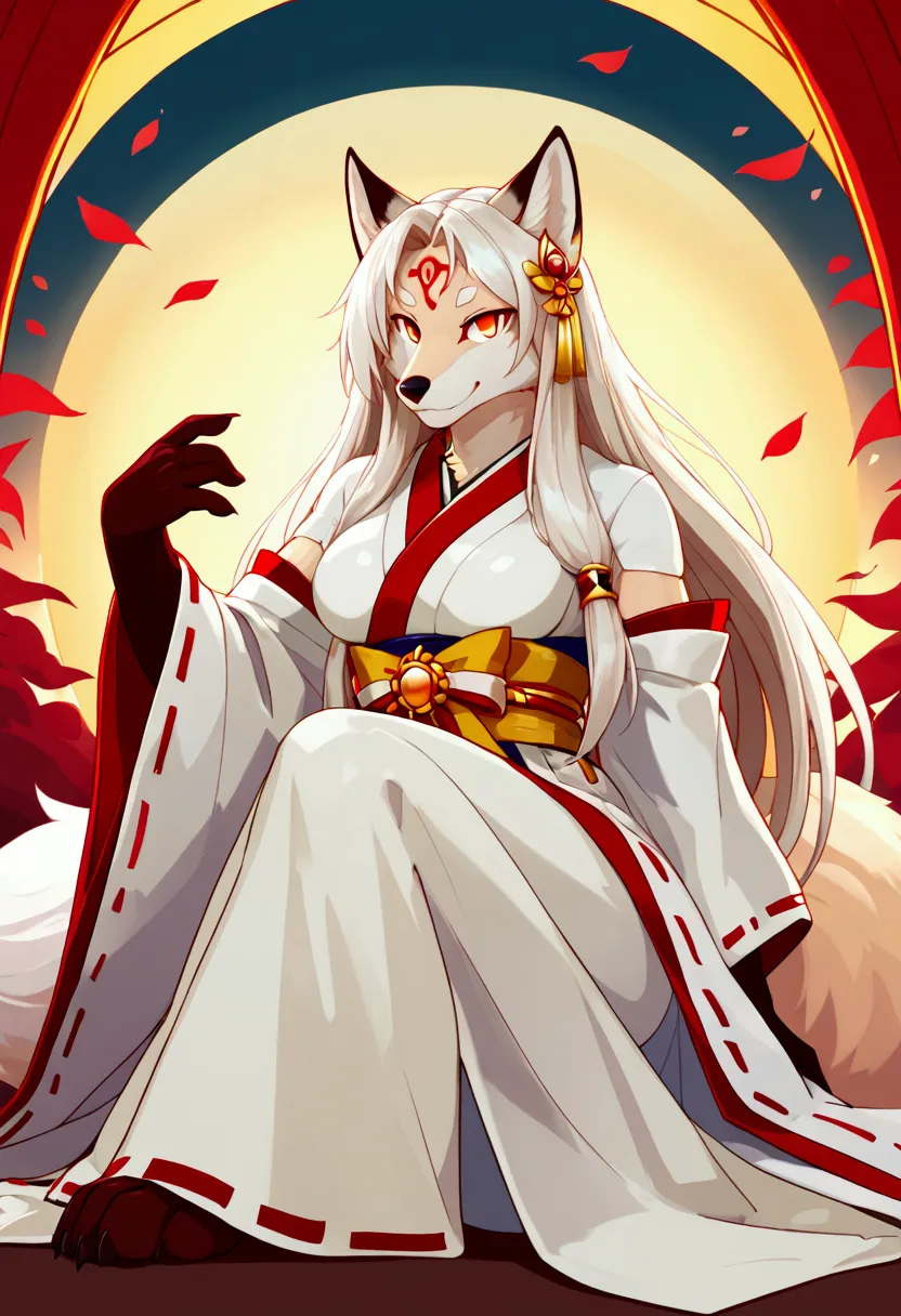 female fox anthro, white hair, long hair, solo, japanese outfit, red markings, orange eyes, divine, light beige body, sun goddes...