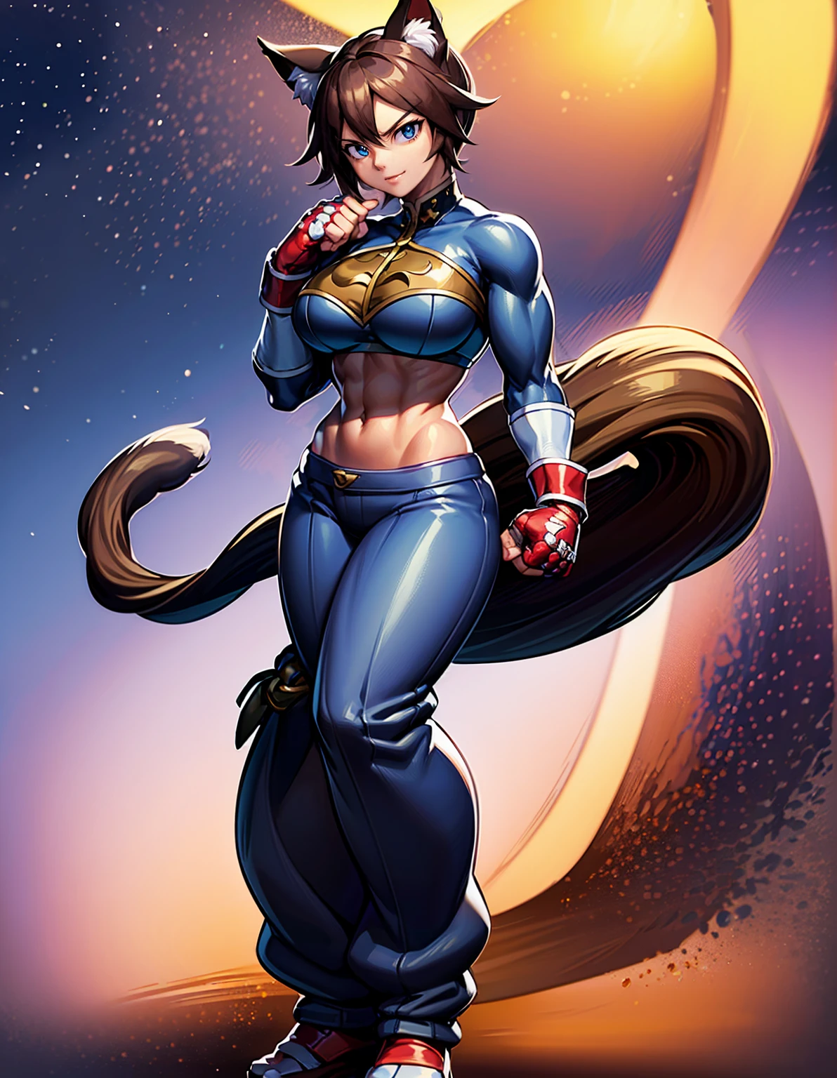 (best quality, ultra-high resolution, depth of field:1.2), (single woman:1.2), (full body shot:1.2), (perfect body:1.2), (big breasts:1.2), (wide hips:1.2), beautiful face, (cat woman), radiant eyes, (blue eyes:1.2), (beautiful smile), (brown hair), animal ears, (cat ears), (cat tail), (wearing a baggy fighter pants:1.2), (long sleeves:1.2), (strapless top:1.2), (fingerless gloves:1.2), night time, (multiple points of views), (standing pose:1.2)