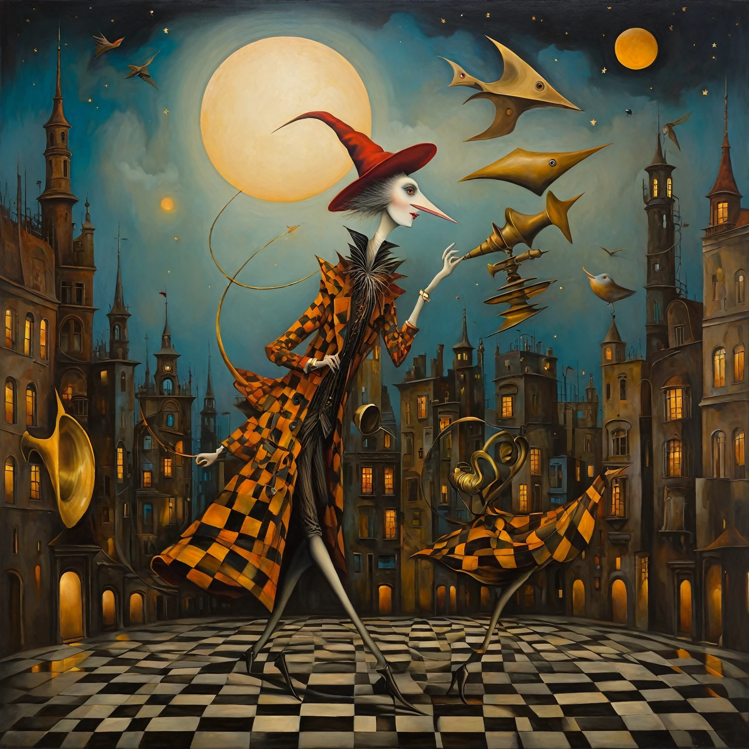 Oil painting stylized as Leonora Carrington, Michael Parkes, Esao Andrews and Dave McKean, A whimsical figure stands on a checkered sidewalk, donned in a vibrant patchwork coat and oversized top hat, playing a brass horn. From the horn emerges a fantastical flow of celestial elements—moon, stars, and planets—swirling in an artistic expression of sound. The background features a mosaic of urban high-rises, blending into a nocturnal sky filled with planetary bodies and starry patterns, creating a surreal and imaginative cityscape. This imaginative scene, rich with detailed textures and vivid colors, evokes a sense of wonder and creativity. The lighting is soft and even, giving the scene a dreamlike quality. Stylish art background consisting of abstract natural elements such as stylized leaves and birds rendered in soft earth tones. The background creates a sense of depth and mystery, with smooth color transitions. The painting conveys a calm and intriguing atmosphere, where even the lighting is evenly distributed without harsh shadows, creating a sense of harmony and peace. Surrealistic details such as unusual shapes and symbolism. Mythological elements and magical creatures, giving a fairytale aspect. Bright, saturated colors and textures that create a sense of depth. A combination of different techniques and styles adding to the modernity. The composition is balanced, the emphasis is on the foreground where the figures take center stage and the texture of the background complements its image.