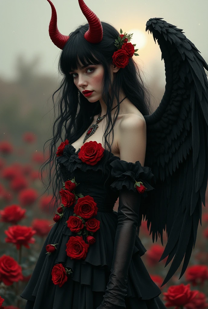 (Photorealism:1.2), beautiful woman, An angel with black hair, with red demon horns and black wings, decorated with red roses, agenouillé au milieu d'un champ de of bones and roses cramoisies, with melancholic and introspective expression. The air is heavy with a feeling of sadness and decadence, the setting sun casts long shadows on this desolate landscape, with shooting stars in the background. Oil painting, hyper-realistic, Gothic, fantastic in the style of Greg Rutkowski and Brom. soft lighting, muted colors, Feather textures, of bones and roses, lovingly dark, ethereal atmosphere. Change the color of the roses to darker and more dramatic. Increase color saturation for more intensity.