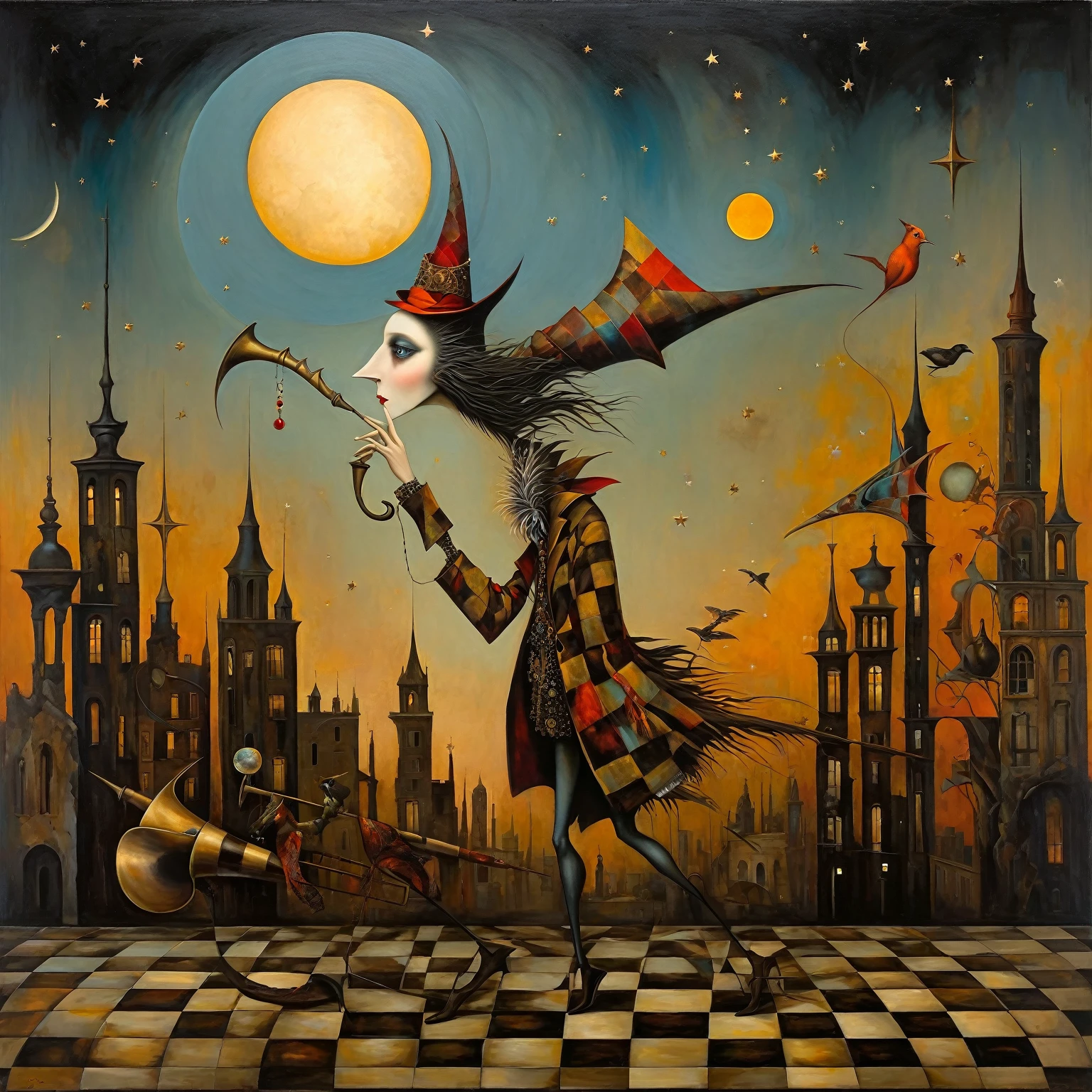 Oil painting stylized as Leonora Carrington, Michael Parkes, Esao Andrews and Dave McKean, A whimsical figure stands on a checkered sidewalk, donned in a vibrant patchwork coat and oversized top hat, playing a brass horn. From the horn emerges a fantastical flow of celestial elements—moon, stars, and planets—swirling in an artistic expression of sound. The background features a mosaic of urban high-rises, blending into a nocturnal sky filled with planetary bodies and starry patterns, creating a surreal and imaginative cityscape. This imaginative scene, rich with detailed textures and vivid colors, evokes a sense of wonder and creativity. The lighting is soft and even, giving the scene a dreamlike quality. Stylish art background consisting of abstract natural elements such as stylized leaves and birds rendered in soft earth tones. The background creates a sense of depth and mystery, with smooth color transitions. The painting conveys a calm and intriguing atmosphere, where even the lighting is evenly distributed without harsh shadows, creating a sense of harmony and peace. Surrealistic details such as unusual shapes and symbolism. Mythological elements and magical creatures, giving a fairytale aspect. Bright, saturated colors and textures that create a sense of depth. A combination of different techniques and styles adding to the modernity. The composition is balanced, the emphasis is on the foreground where the figures take center stage and the texture of the background complements its image.