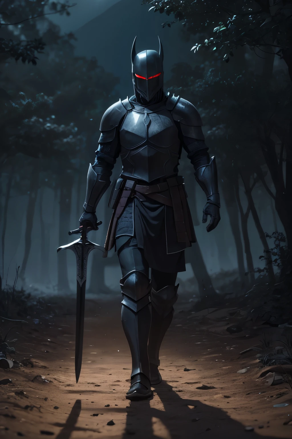 Imagine a dark knight, encased in sleek black armor, with glowing red eyes that stand out in the darkness. He walks slowly along a muddy dirt trail in the middle of a dense forest., under the dim light of the moon. A natta está carregada de mistério e o ambiente ao redor está imerso em sombras e névoa. In your right hand, He holds a long sword, with the blade tilted downwards, as if he were deeply focused on his thoughts. The occasional sound of clay crunching beneath your boots echoes in the stillness of the forest., adding a sense of desolation and tension to the setting. ( natta)