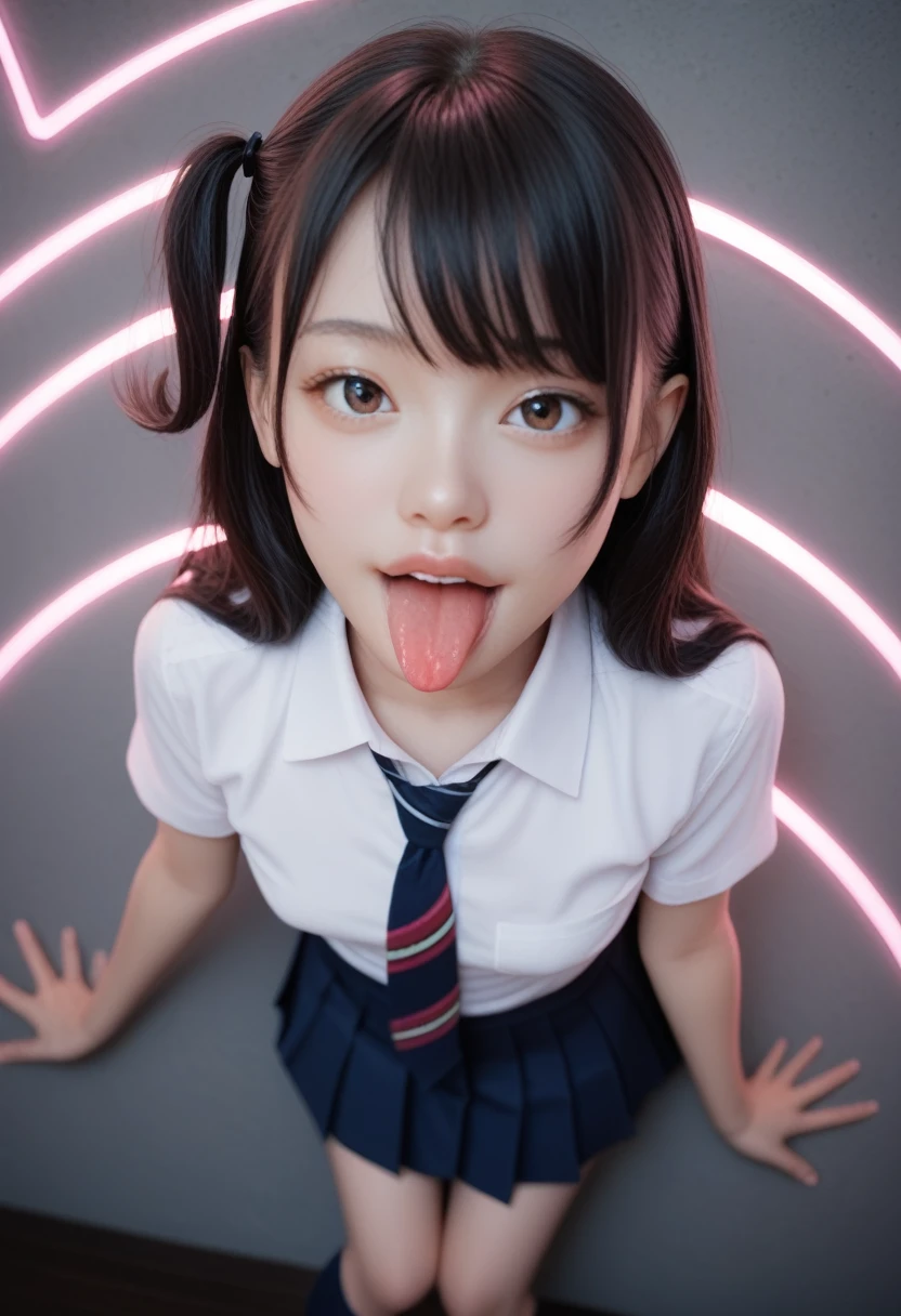 close-up,school uniform,Short sleeve,collared shirt,pleated skirt,tie,Navy blue socks,open mouth,(tongue out:2),stand,Simple black wall,Leaning against a wall,Place your hand on your chest,front view,face focus,(from above:1.5),(1girl,teenager,Beautiful girl,),((Slender,Small breasts,Small face,)),(looking at viewer),Black Hair,bangs,one side up,Beautiful and detailed,Pink lighting
