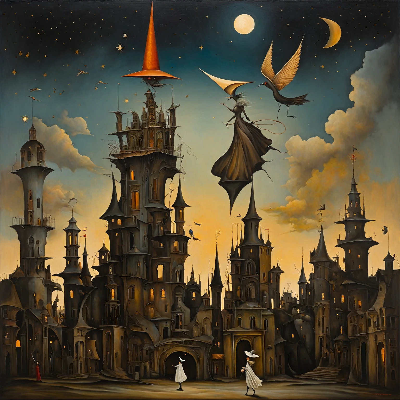 Oil painting stylized as Leonora Carrington, Michael Parkes, Esao Andrews and Dave McKean, A fantastical scene depicting a figure with a tall, ornate, castle-like hat and a garment intricately designed to resemble a detailed cityscape. The background features a dreamy, mystical environment with a moonlit sky, scattered stars, whimsical clouds, and a town filled with various buildings and towers, blending seamlessly into the figure's attire. The overall atmosphere is surreal and imaginative, evoking a sense of wonder and storytelling. This imaginative scene, rich with detailed textures and vivid colors, evokes a sense of wonder and creativity. The lighting is soft and even, giving the scene a dreamlike quality. Stylish art background consisting of abstract natural elements such as stylized leaves and birds rendered in soft earth tones. The background creates a sense of depth and mystery, with smooth color transitions. The painting conveys a calm and intriguing atmosphere, where even the lighting is evenly distributed without harsh shadows, creating a sense of harmony and peace. Surrealistic details such as unusual shapes and symbolism. Mythological elements and magical creatures, giving a fairytale aspect. Bright, saturated colors and textures that create a sense of depth. A combination of different techniques and styles adding to the modernity. The composition is balanced, the emphasis is on the foreground where the figures take center stage and the texture of the background complements its image.