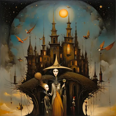 oil painting stylized as leonora carrington, michael parkes, esao andrews and dave mckean, a fantastical scene depicting a figur...