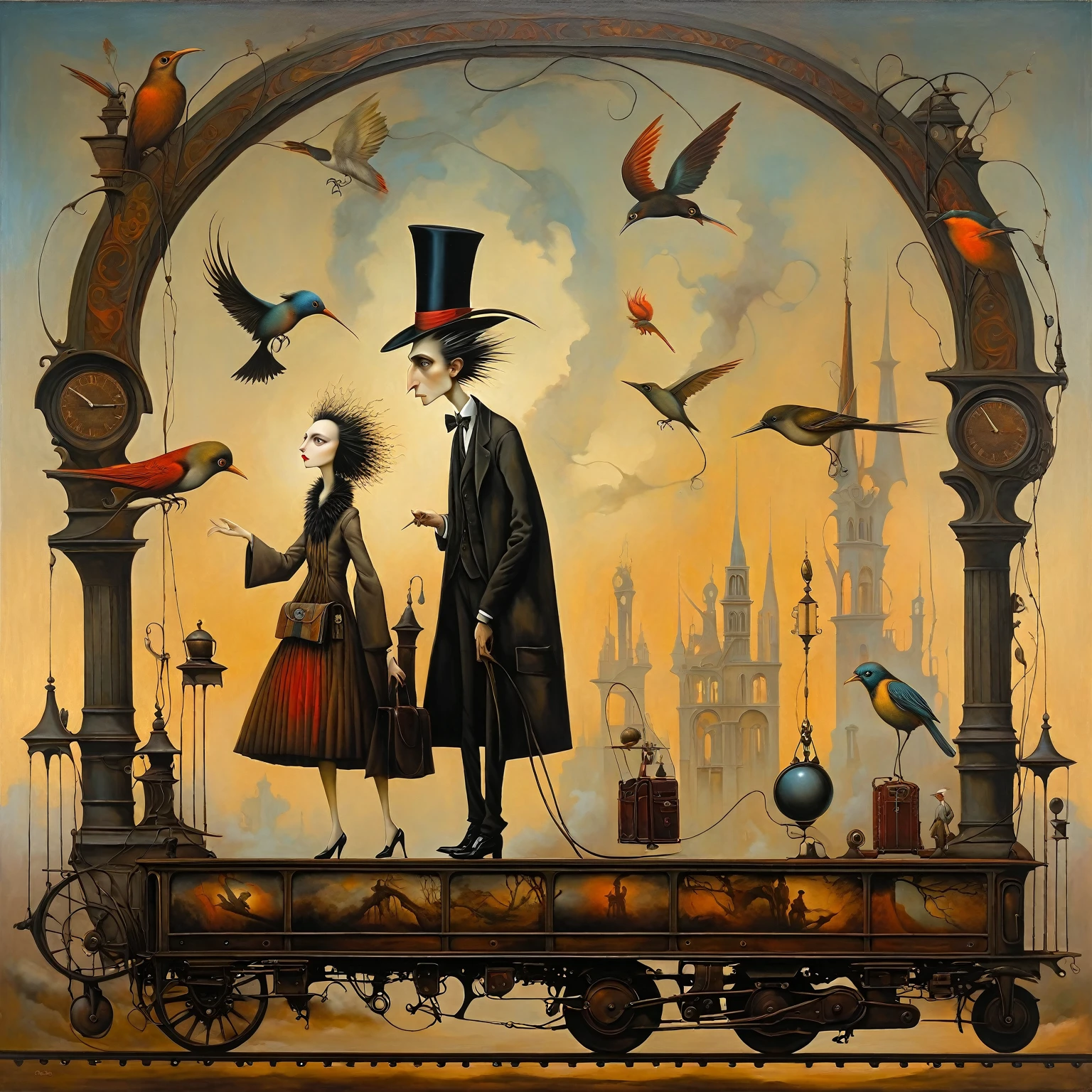 Oil painting stylized as Leonora Carrington, Michael Parkes, Esao Andrews and Dave McKean, An individual stands on a surreal train platform adorned with intricate arch designs, holding a vintage suitcase. The person is dressed in a long, dark coat and wearing a bowler hat, gazing towards an approaching whimsical steam train with elaborate, almost dream-like patterns and faces etched into its surface. The sky is filled with eye motifs and surreal elements, creating a fantastical atmosphere. The scene is bathed in soft, diffused lighting and vibrant, contrasting colors. The overall atmosphere is surreal and imaginative, evoking a sense of wonder and storytelling. This imaginative scene, rich with detailed textures and vivid colors, evokes a sense of wonder and creativity. The lighting is soft and even, giving the scene a dreamlike quality. Stylish art background consisting of abstract natural elements such as stylized leaves and birds rendered in soft earth tones. The background creates a sense of depth and mystery, with smooth color transitions. The painting conveys a calm and intriguing atmosphere, where even the lighting is evenly distributed without harsh shadows, creating a sense of harmony and peace. Surrealistic details such as unusual shapes and symbolism. Mythological elements and magical creatures, giving a fairytale aspect. Bright, saturated colors and textures that create a sense of depth. A combination of different techniques and styles adding to the modernity. The composition is balanced, the emphasis is on the foreground where the figures take center stage and the texture of the background complements its image.