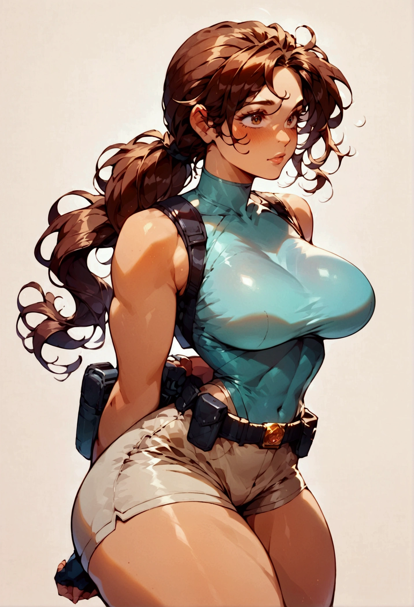 score_9, score_8_up, score_7_up, source_anime, speedlines, expressive, best quality, detailed eyes, perfect face, perfect hands, (1woman, solo), Lara Croft, Tomb Raider, long hair, dark auburn hair, plait, brown eyes, athletic, (thick thighs:1.5), wide hips, thin waist, busty, (large breasts:1.5), turquoise leotard, light brown shorts, calf-high boots, and tall white socks, fingerless gloves, utility belt with holsters, hands behind back, two pistols,