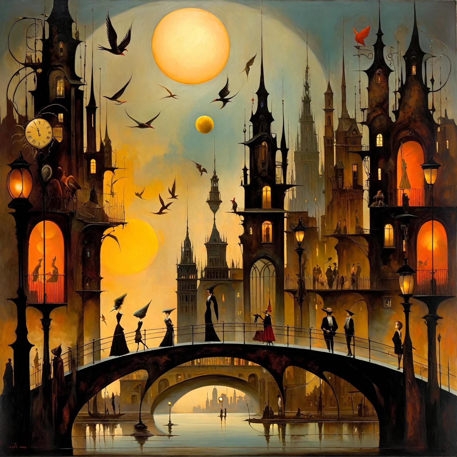 Oil painting stylized as Leonora Carrington, Michael Parkes, Esao Andrews and Dave McKean, impressionistic cityscape, vibrant swirls of colors, nighttime setting, moon with a face, historical buildings, clock towers, bridges, bustling street, vintage buses, pedestrians in old-fashioned clothing, street lamps, reflection on water, mixed styles of architecture, surreal elements, warm and cool tones, dynamic atmosphere, painterly technique, emphasis on light and contrast, blending urban and celestial motifs. The scene is bathed in soft, diffused lighting and vibrant, contrasting colors. The overall atmosphere is surreal and imaginative, evoking a sense of wonder and storytelling. This imaginative scene, rich with detailed textures and vivid colors, evokes a sense of wonder and creativity. The lighting is soft and even, giving the scene a dreamlike quality. Stylish art background consisting of abstract natural elements such as stylized leaves and birds rendered in soft earth tones. The background creates a sense of depth and mystery, with smooth color transitions. The painting conveys a calm and intriguing atmosphere, where even the lighting is evenly distributed without harsh shadows, creating a sense of harmony and peace. Surrealistic details such as unusual shapes and symbolism. Mythological elements and magical creatures, giving a fairytale aspect. Bright, saturated colors and textures that create a sense of depth. A combination of different techniques and styles adding to the modernity. The composition is balanced, the emphasis is on the foreground where the figures take center stage and the texture of the background complements its image.