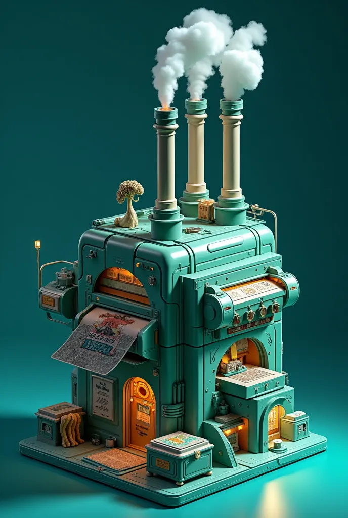 A printer-shaped factory, it has three tubes from which a light smoke comes out plotters and printer, tshirts on a dark blue background, 3D hyper-surrealism, shiny, metallic, green and blue colors