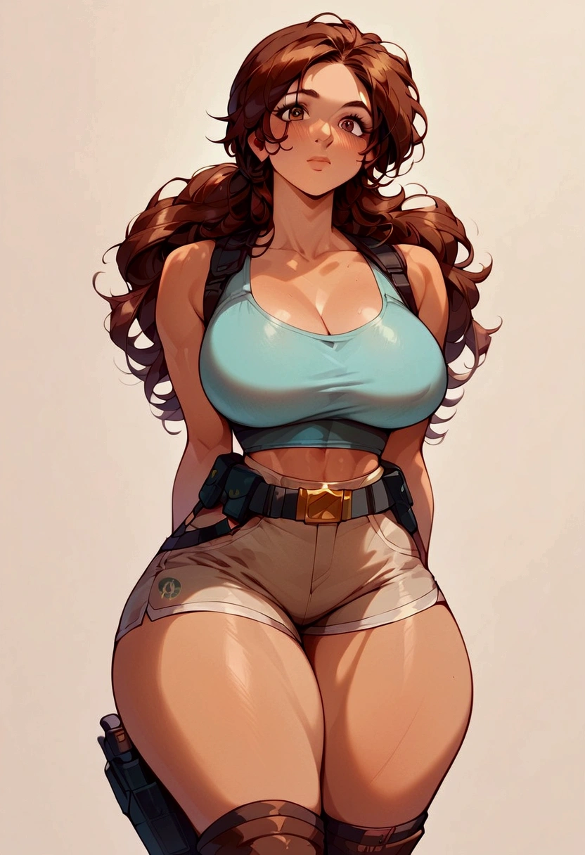 score_9, score_8_up, score_7_up, source_anime, speedlines, expressive, best quality, detailed eyes, perfect face, perfect hands, (1woman, solo), Lara Croft, Tomb Raider, long hair, dark auburn hair, plait, brown eyes, athletic, (thick thighs:1.5), wide hips, thin waist, busty, (large breasts:1.5), turquoise tanktop, light brown shorts, calf-high boots, and tall white socks, fingerless gloves, utility belt with holsters, hands behind back, two pistols,